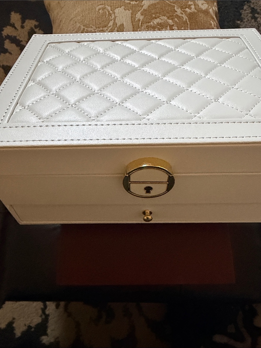 White Quilted Jewelry Storage Box with Gold Hardware